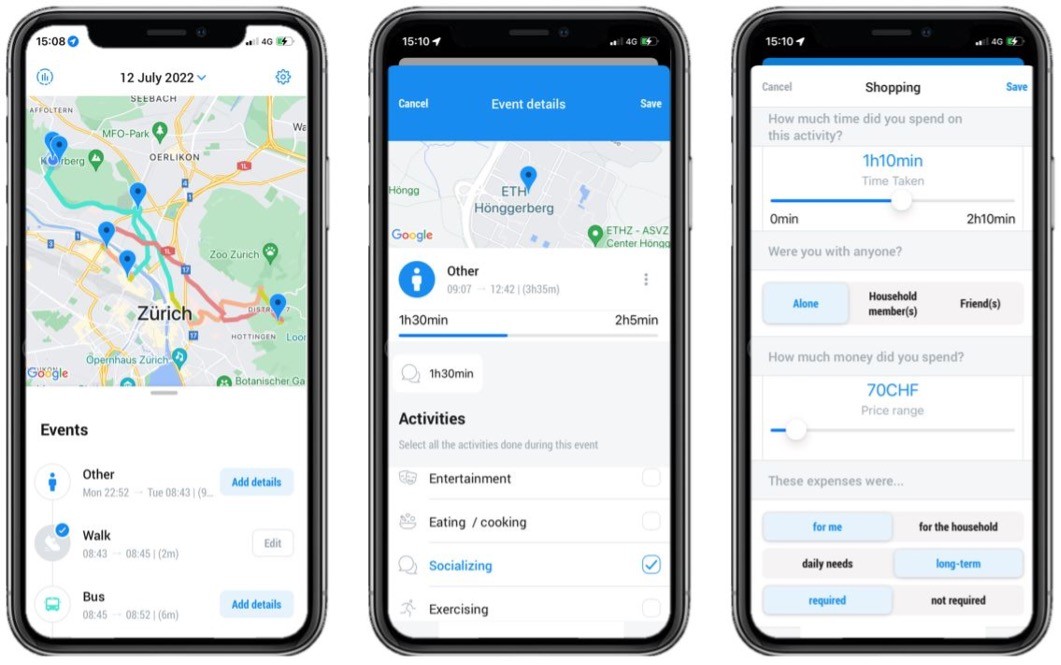 Screenshots from the app used for the TimeUse+ diary study. Passive GPS tracks are presented to participants as Events (left). Events are annotated with activity-level information (middle). Depending on the activity, participants report additional attributes like activity duration, whether anyone else is with them, and whether they are spending any money on a given activity (right). © IVT, ETH Zürich