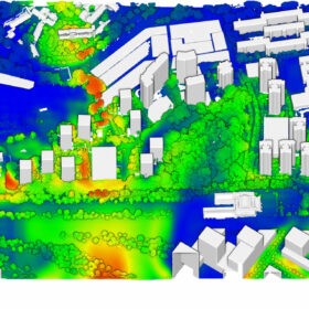 An optimized spatial arrangement for cooling an urban landscape with the predominant wind is determined by testing and comparing a series of wind speed simulations. Digital modeling is instrumental to establish an iterative framework for designing.