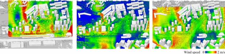 An optimized spatial arrangement for cooling an urban landscape with the predominant wind is determined by testing and comparing a series of wind speed simulations. Digital modeling is instrumental to establish an iterative framework for designing.