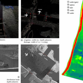 Point cloud models produced with terrestrial and aerial laser scanning were used to analyse existing features of the site. The geolocation and high precision of these 3D models was instrumental to relate details of the irrigation network to the large-scale dike systems, coloured here by elevation. © ETH Zürich