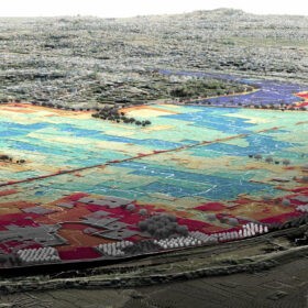 This aerial perspective illustrates a three-dimensional model of 6 km x 6 km composed of several million measurement points with centimetre accuracy representing a green and blue infrastructure restoration project in the peri-urban area of Antananarivo, Madagascar. ETH Zurich students developed solutions by modifying a LiDAR survey in a highly targeted way and by integrating hydrology through a water flow simulation (flow represented by white lines, and elevation represented from 1248 m in blue to 1250 m AMSL in red). Design: Laura Klinnert and Audrey Wurges. © ETH Zurich