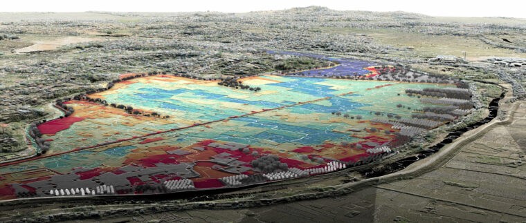 This aerial perspective illustrates a three-dimensional model of 6 km x 6 km composed of several million measurement points with centimetre accuracy representing a green and blue infrastructure restoration project in the peri-urban area of Antananarivo, Madagascar. © ETH Zurich