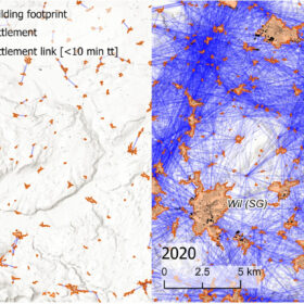 Example of the settlement network evolution between 1899 and 2020. This depiction shows the same area in the north-east of the study area, between Winterthur (ZH) and St. Gallen (SG), at two different time steps. The settlement links represent pairs of settlements that are reachable within 10 min of travel time (tt). The size of the settlements has changed over time, as they have sprawled and merged with one another. Hill-shade map source: ESRI, CGIAR, and USGS