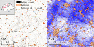 Example of the settlement network evolution between 1899 and 2020. This depiction shows the same area in the north-east of the study area, between Winterthur (ZH) and St. Gallen (SG), at two different time steps. The settlement links represent pairs of settlements that are reachable within 10 min of travel time (tt). The size of the settlements has changed over time, as they have sprawled and merged with one another. Hill-shade map source: ESRI, CGIAR, and USGS