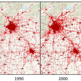 Beispiel für die Zeitreihe des Verkehrsvolumens auf ländlichen Strassen (rote Linien) in der Region um die Stadt Peking in China. Das Jahr für jeden Zeitschritt steht unterhalb der Abbildung. Die Breite des Strassenabschnitts ist proportional zum Verkehrsvolumen auf der Strasse. Die Ausdehnung des Stadtgebiets ist in Dunkelrot dargestellt. Es ist deutlich zu erkennen, dass der Strassenverkehr im ländlichen Gebiet dieser Region zwischen 1975 und 2015 stark zugenommen hat. © ETH Zürich