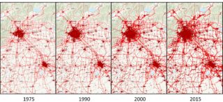 Beispiel für die Zeitreihe des Verkehrsvolumens auf ländlichen Strassen (rote Linien) in der Region um die Stadt Peking in China. Das Jahr für jeden Zeitschritt steht unterhalb der Abbildung. Die Breite des Strassenabschnitts ist proportional zum Verkehrsvolumen auf der Strasse. Die Ausdehnung des Stadtgebiets ist in Dunkelrot dargestellt. Es ist deutlich zu erkennen, dass der Strassenverkehr im ländlichen Gebiet dieser Region zwischen 1975 und 2015 stark zugenommen hat. © ETH Zürich