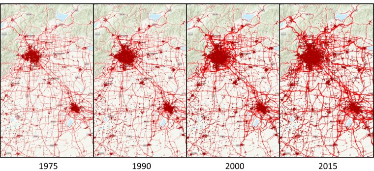 Beispiel für die Zeitreihe des Verkehrsvolumens auf ländlichen Strassen (rote Linien) in der Region um die Stadt Peking in China. Das Jahr für jeden Zeitschritt steht unterhalb der Abbildung. Die Breite des Strassenabschnitts ist proportional zum Verkehrsvolumen auf der Strasse. Die Ausdehnung des Stadtgebiets ist in Dunkelrot dargestellt. Es ist deutlich zu erkennen, dass der Strassenverkehr im ländlichen Gebiet dieser Region zwischen 1975 und 2015 stark zugenommen hat. © ETH Zürich