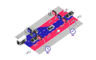 Dynamic allocation of urban road space based on the bi-modal (motorized vehicles and bicycles) daily traffic pattern. Source:https://mattership.io/projects/e-bike-city/