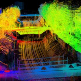 Today's Seebahngraben is the result of entrenching the rail spur in Wiedikon to solve congestion at ground level. The image shows a geometric survey recorded in 2023 with terrestrial laser scanning in which the positions are differentiated by color.